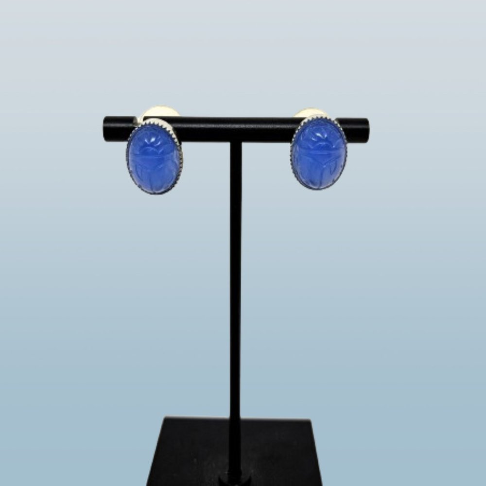 Vintage Oval Blue Silver Tone Post Earrings